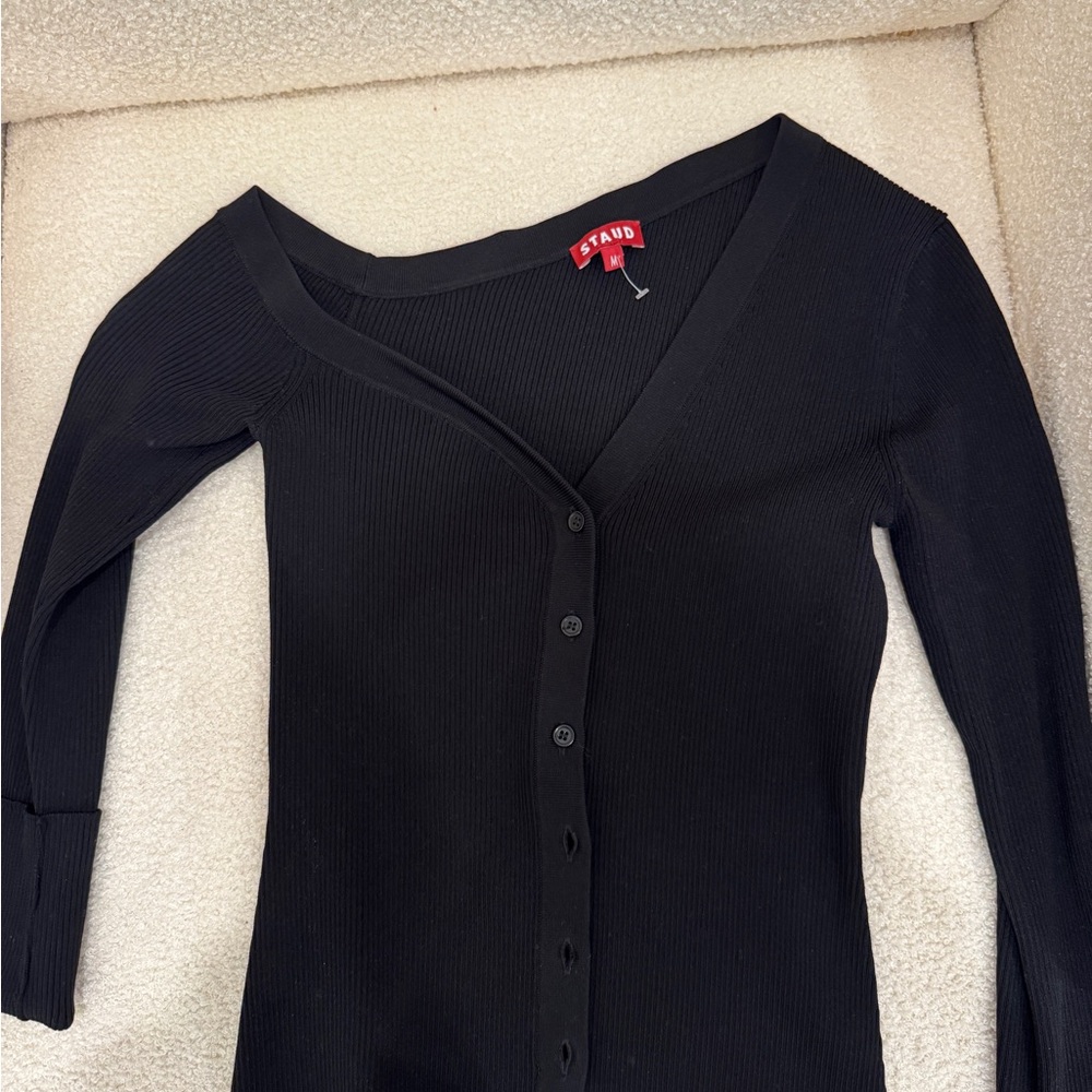STAUD Black Ribbed Button-Up Top